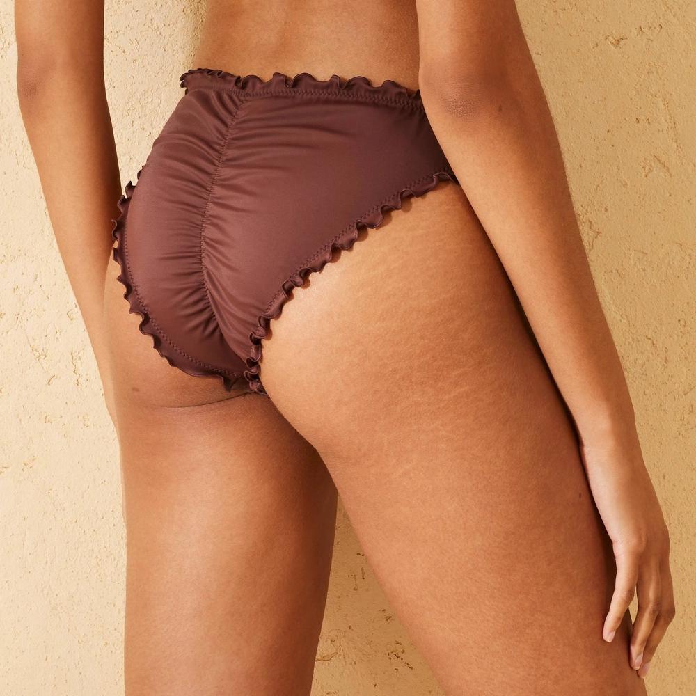 Womens Ruffle Cheeky Bikini Bottom - Shade & Shore Brown XS: Low Rise, Pull-On, Stretch Fabric Product Image