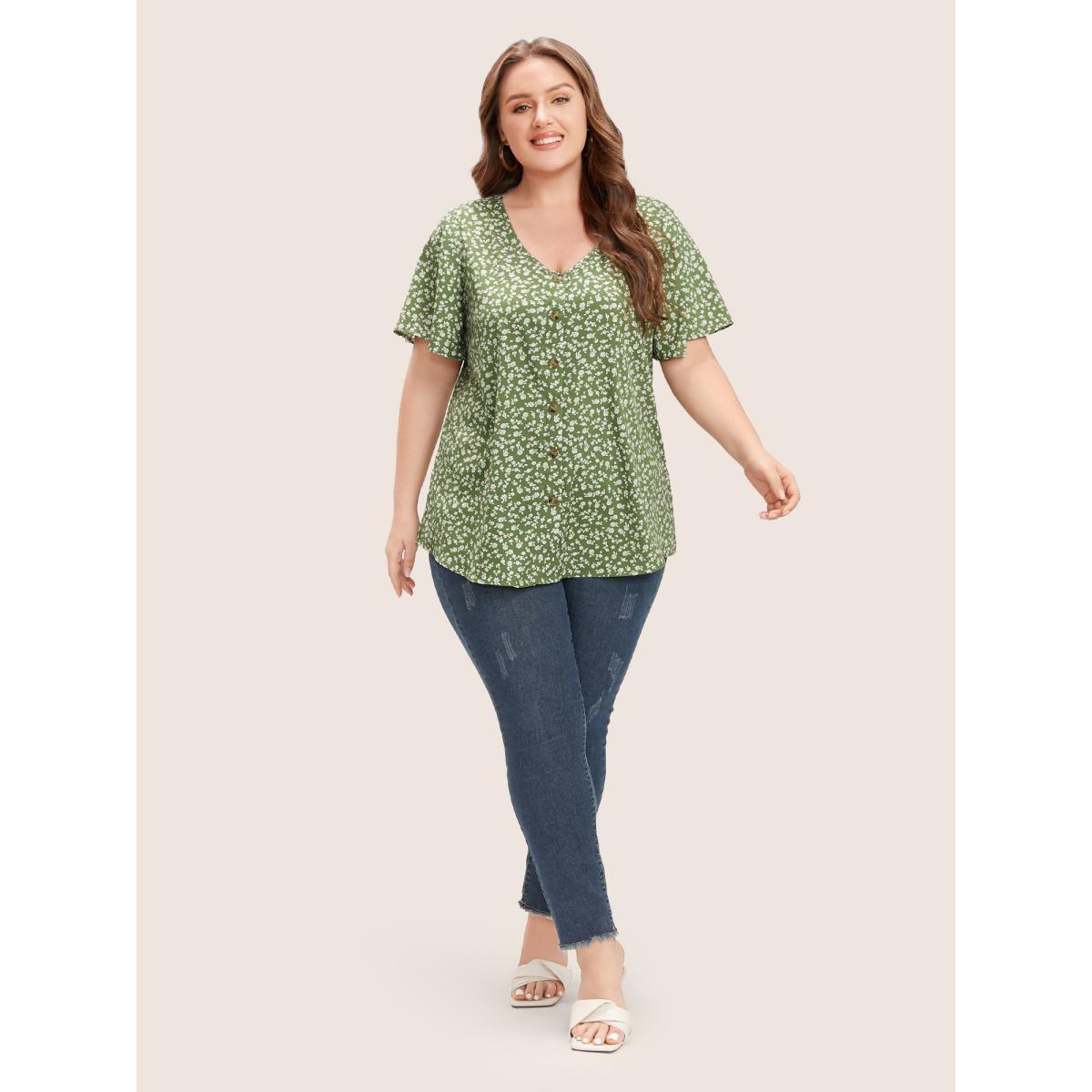 Plus Size Mint Ditsy Floral Ruffle Sleeve Button Detail Blouse Women Elegant Short sleeve V-neck Everyday Blouses BloomChic 14-16/1X Product Image