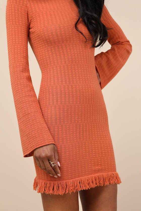 Sabi Orange Pointelle Knit Long Sleeve Mini Dress Product Image