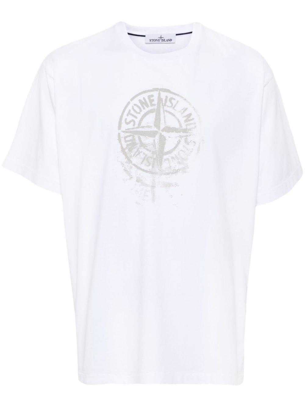 STONE ISLAND Compass-print Cotton T-shirt In White Product Image