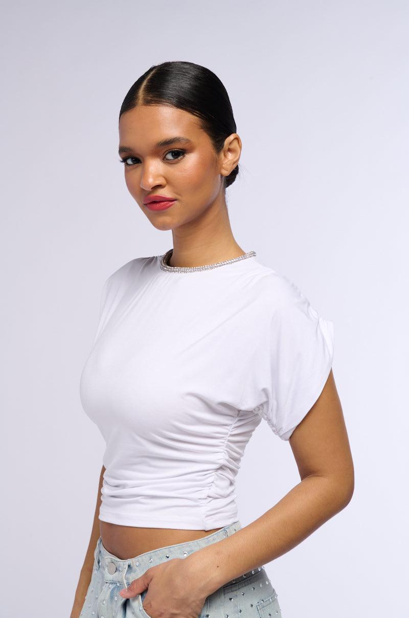 SLINKY SHORT SLEEVE RHINESTONE EMBELLISHED SHIRT Product Image