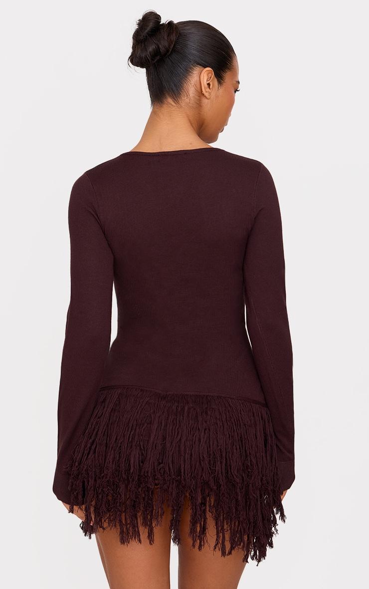 Cappuccino Fine Knit Fringe Hem Long Sleeve Micro Mini Dress Product Image