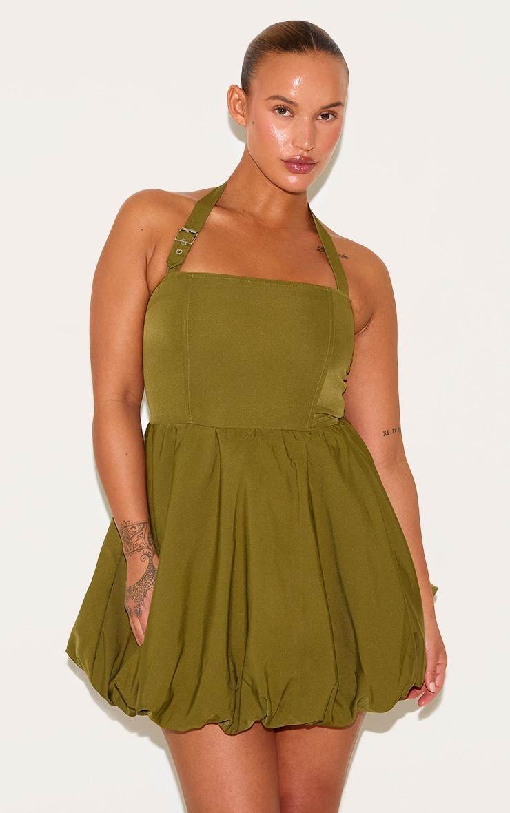 Plus Khaki Buckle Detail Halterneck Puffball Mini Dress Product Image