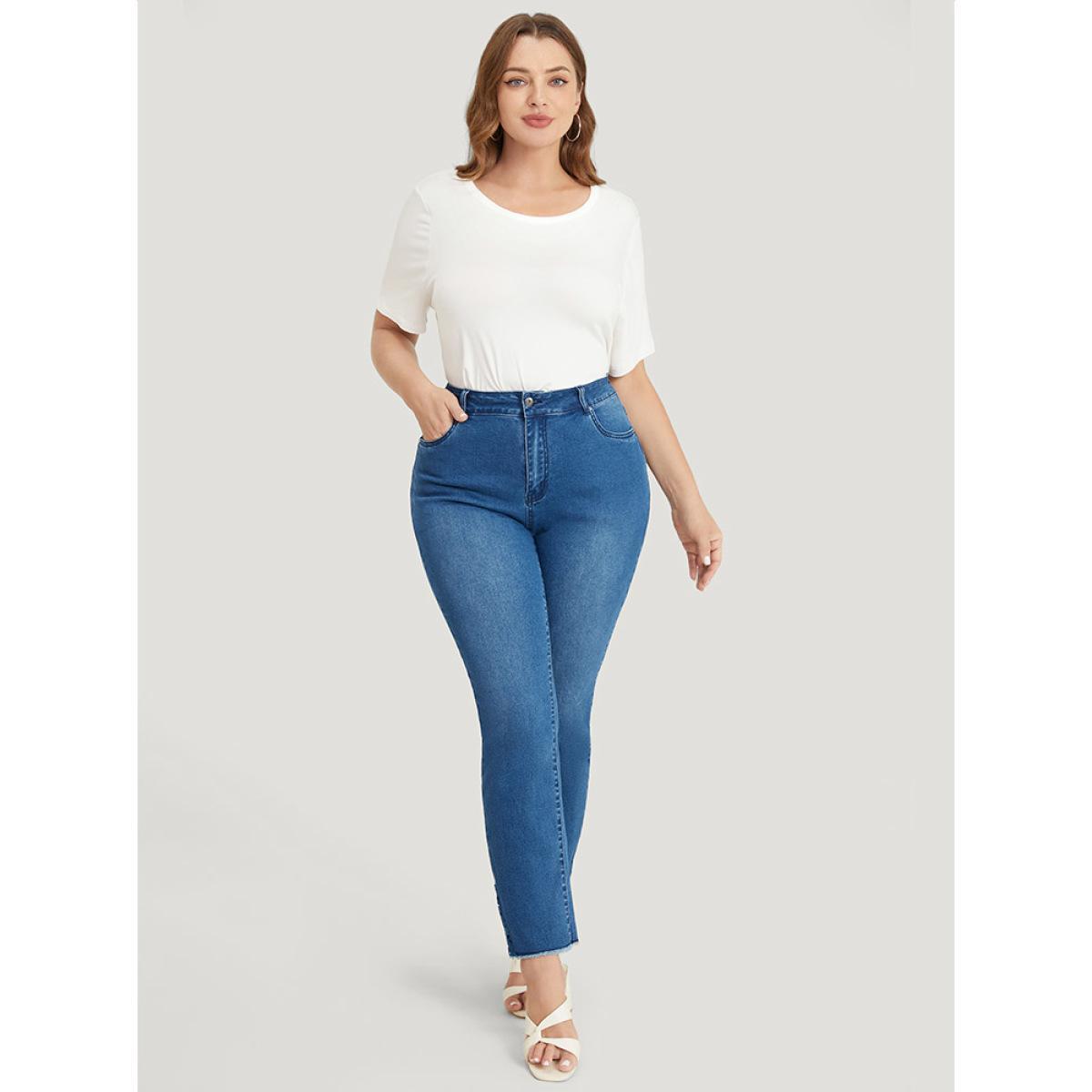 Plus Size Very Stretchy High Rise Medium Wash Lace Insert Raw Hem Jeans Women Indigo Casual Plain Patchwork High stretch Side seam pocket Jeans BloomChic 16/1X Product Image