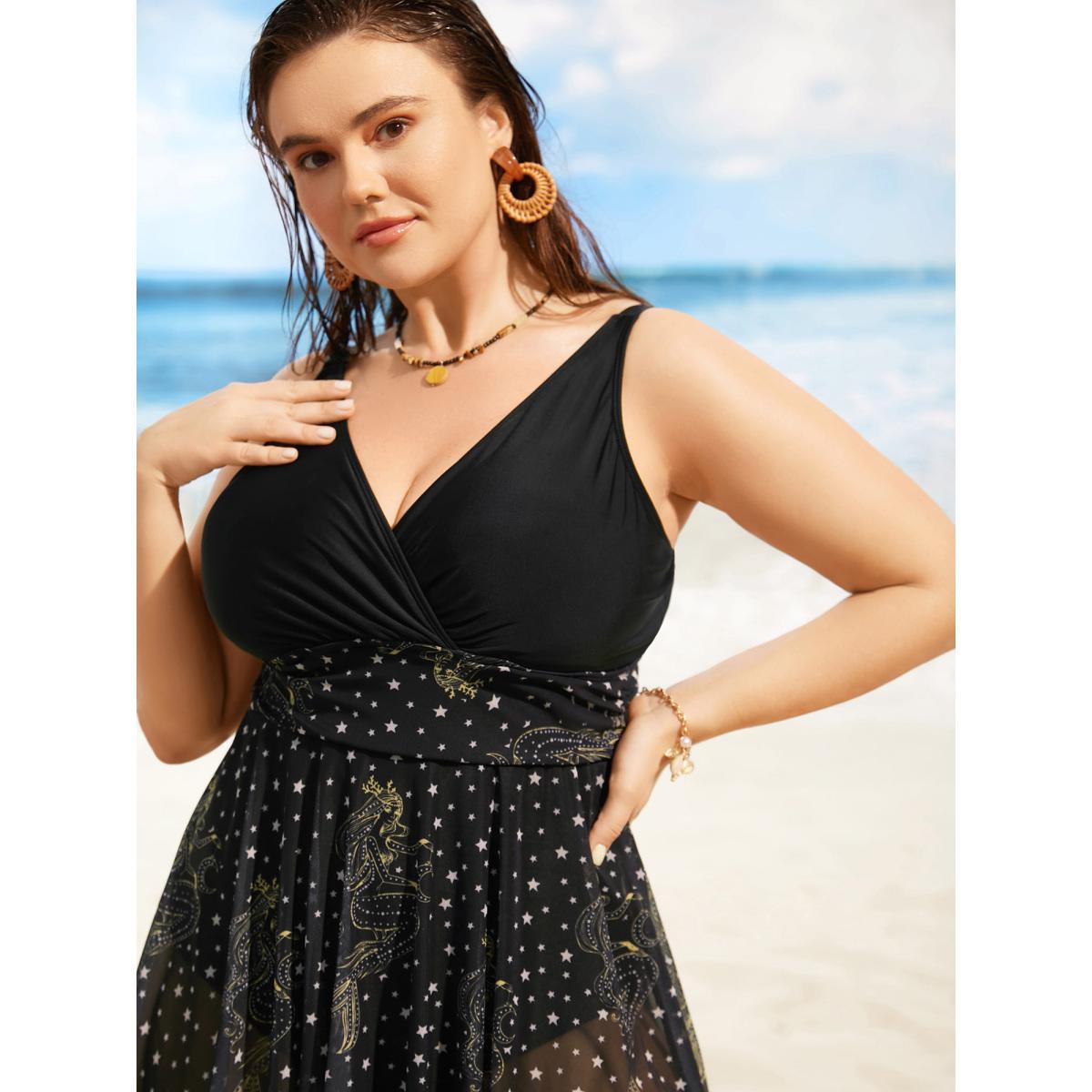 Plus Size Overlap Collar Moon & Star Patchwork Mwsh Swim Dress Women's Swimwear Black Beach Bodycon Overlap Collar High stretch Curve Swim Dresses BloomChic 18-20/2X Product Image