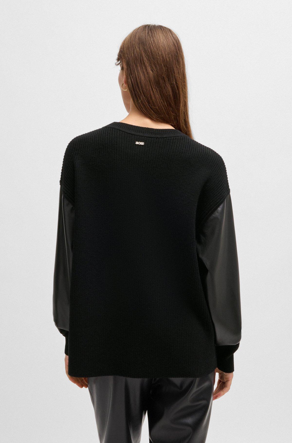BOSS - Wool sweater with faux-leather sleeves - Black Product Image