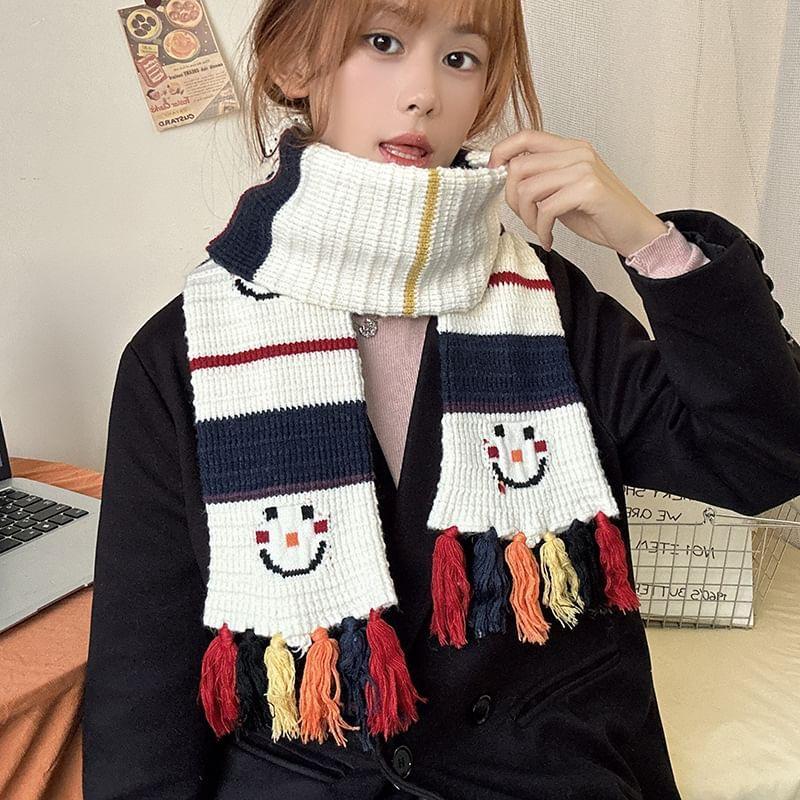 Smiley Embroidered Tassel Light Scarf Product Image