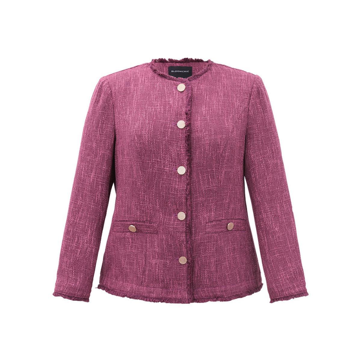 Plus Size Texture Buckle Detail Fuzzy Trim Jacket Women RedViolet Texture Pocket Dailywear Jackets BloomChic 12/L Product Image