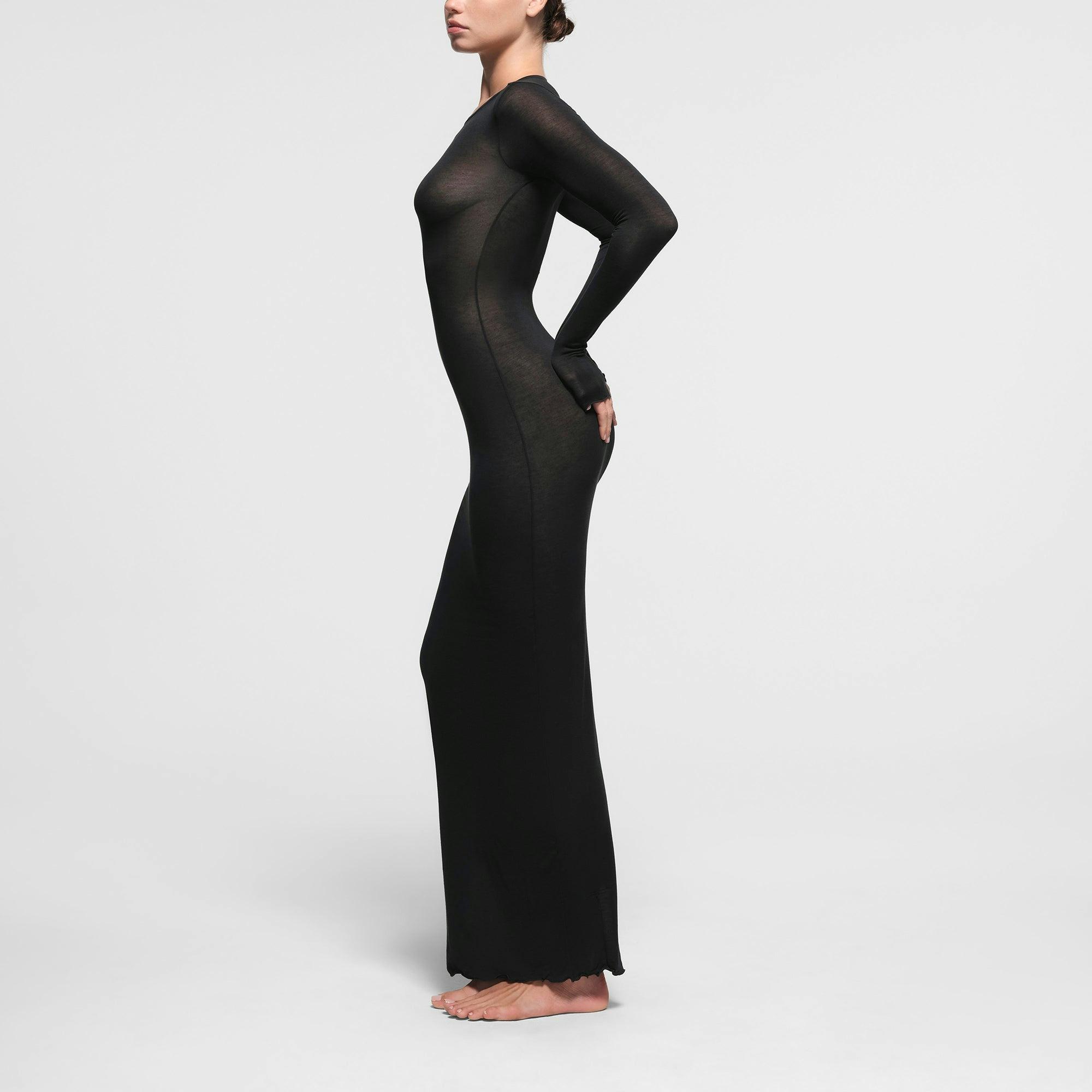 SHEER MODAL LONG SLEEVE LONG DRESS | ONYX Product Image