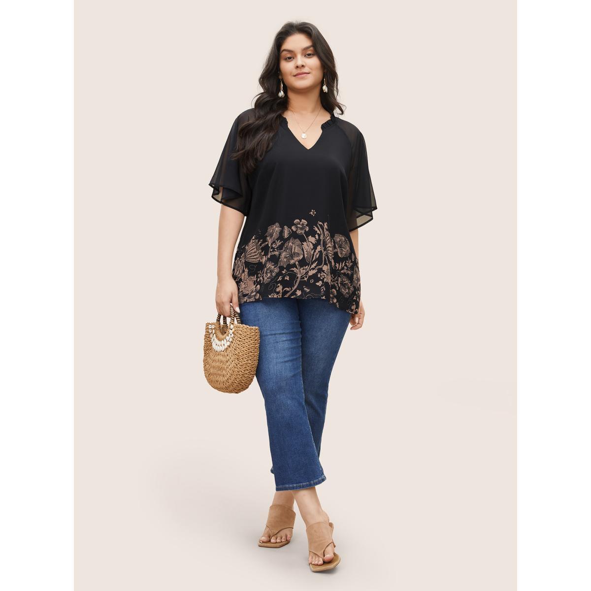 Plus Size Black Boho Print Patchwork Mesh Frill Trim Blouse Women Resort Half Sleeve Notched collar Vacation Blouses BloomChic 22-24/3X Product Image