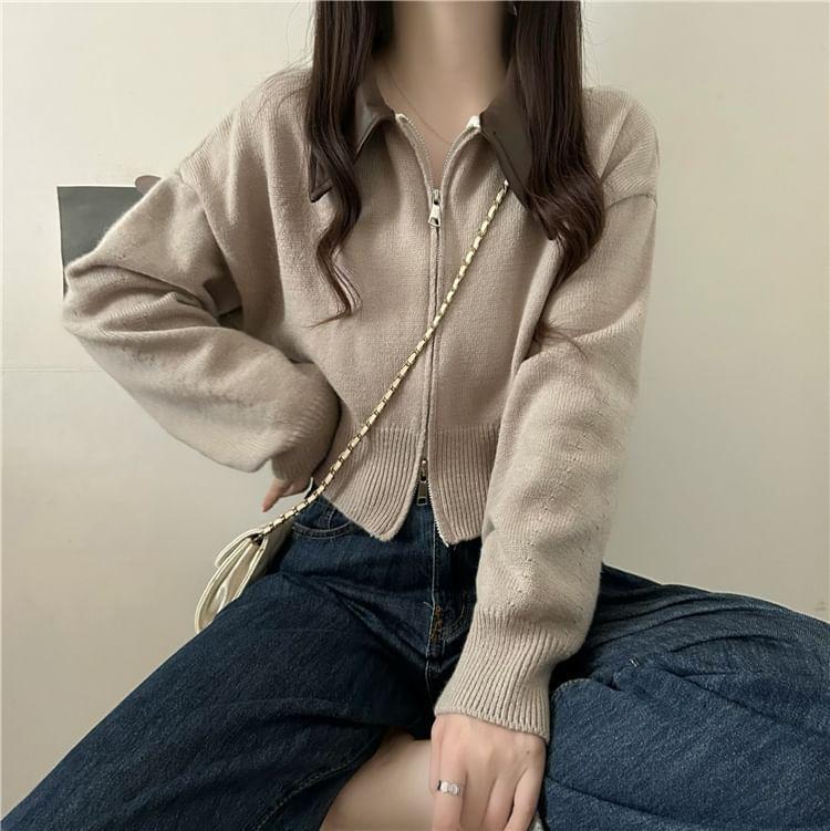 Contrast Faux Leather Collar Zip Cardigan Product Image