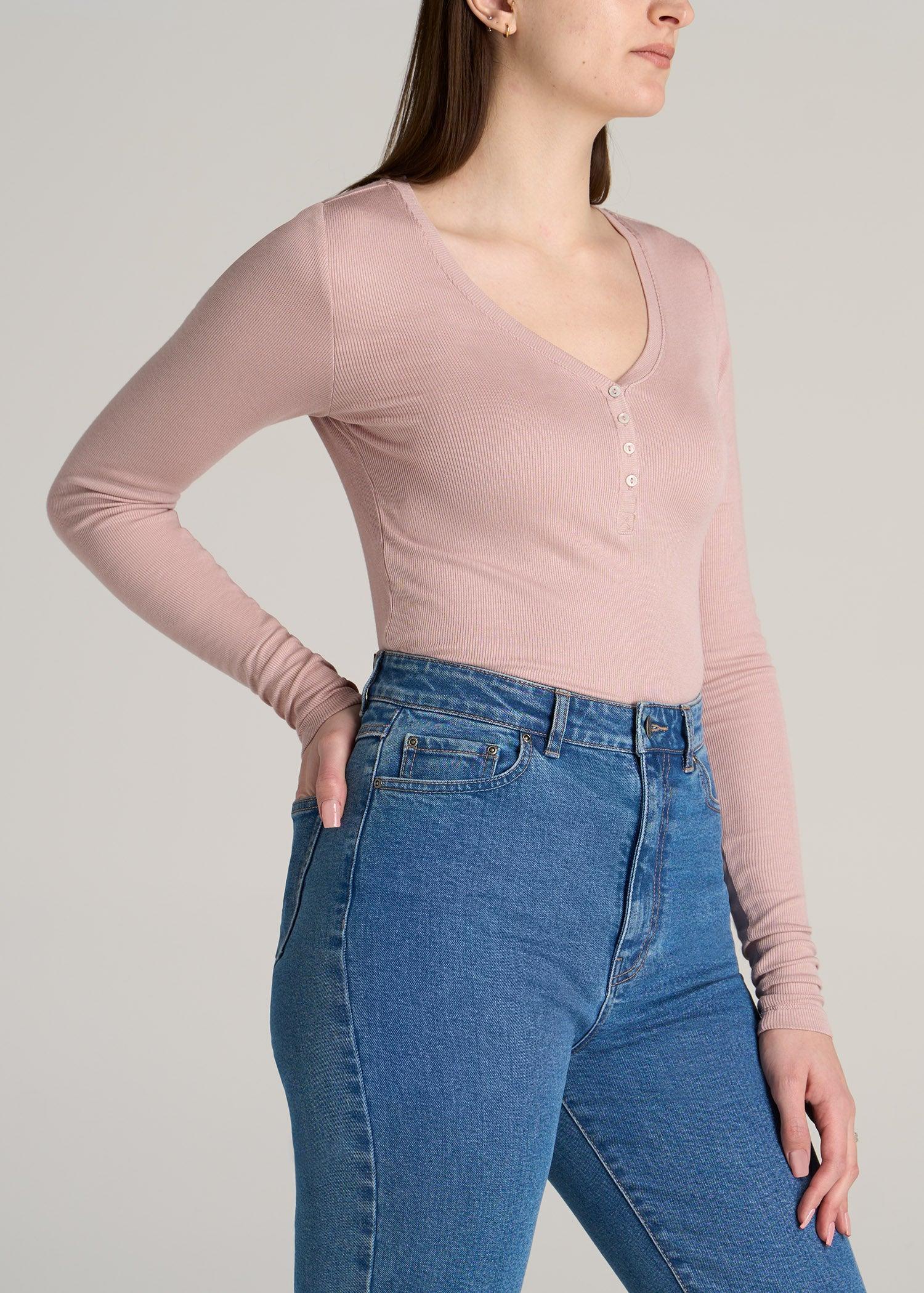 Tall Women's FITTED Ribbed Long Sleeve Henley in Ballerina Pink Product Image