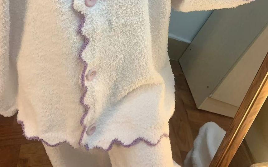 Pajama Set: V-Neck Contrast Trim Scallop Edge Cardigan + Straight Leg Pants Product Image