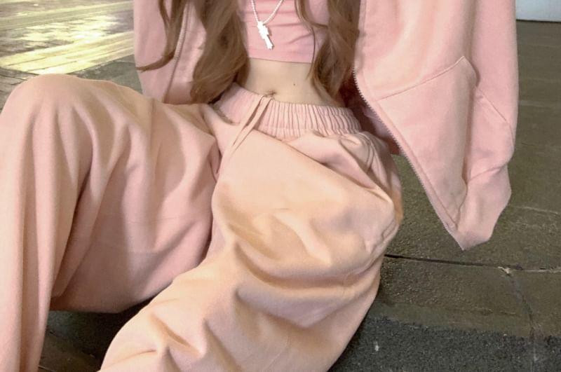 Mock-Neck Crop T-Shirt / Oversized Hooded Jacket / Drawcord Wide-Leg Sweatpants Product Image