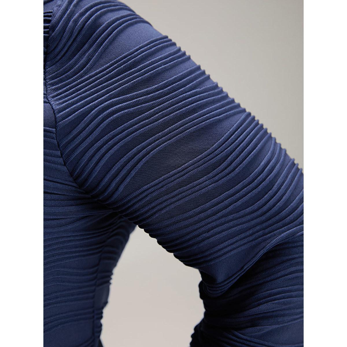 Plus Size Rib Knit Plain Belted Crew Neck Dress Indigo Women At the Office Texture Round Neck Long Sleeve Curvy Midi Dress BloomChic 12/L Product Image