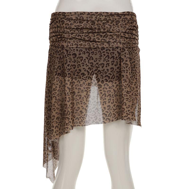 Mid Waist Leopard Print Asymmetrical Mini Pencil Skirt Product Image
