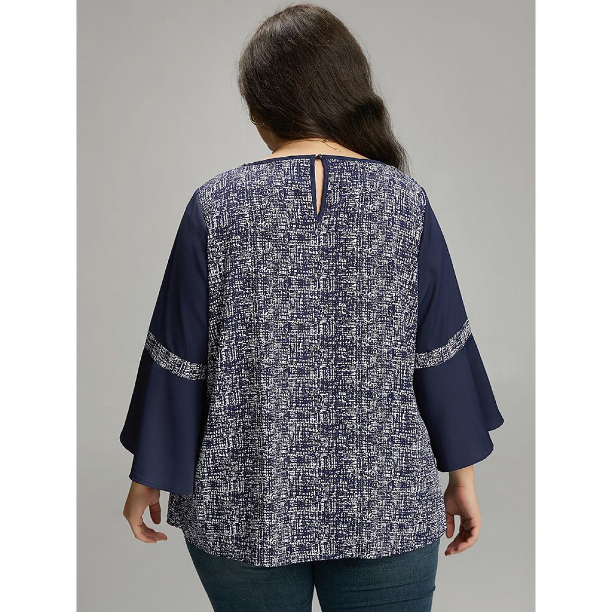 Plus Size DarkBlue Patchwork Crew Neck Ruffle Sleeve Blouse Women Vacation Long Sleeve Round Neck Dailywear Blouses BloomChic 12/L Product Image