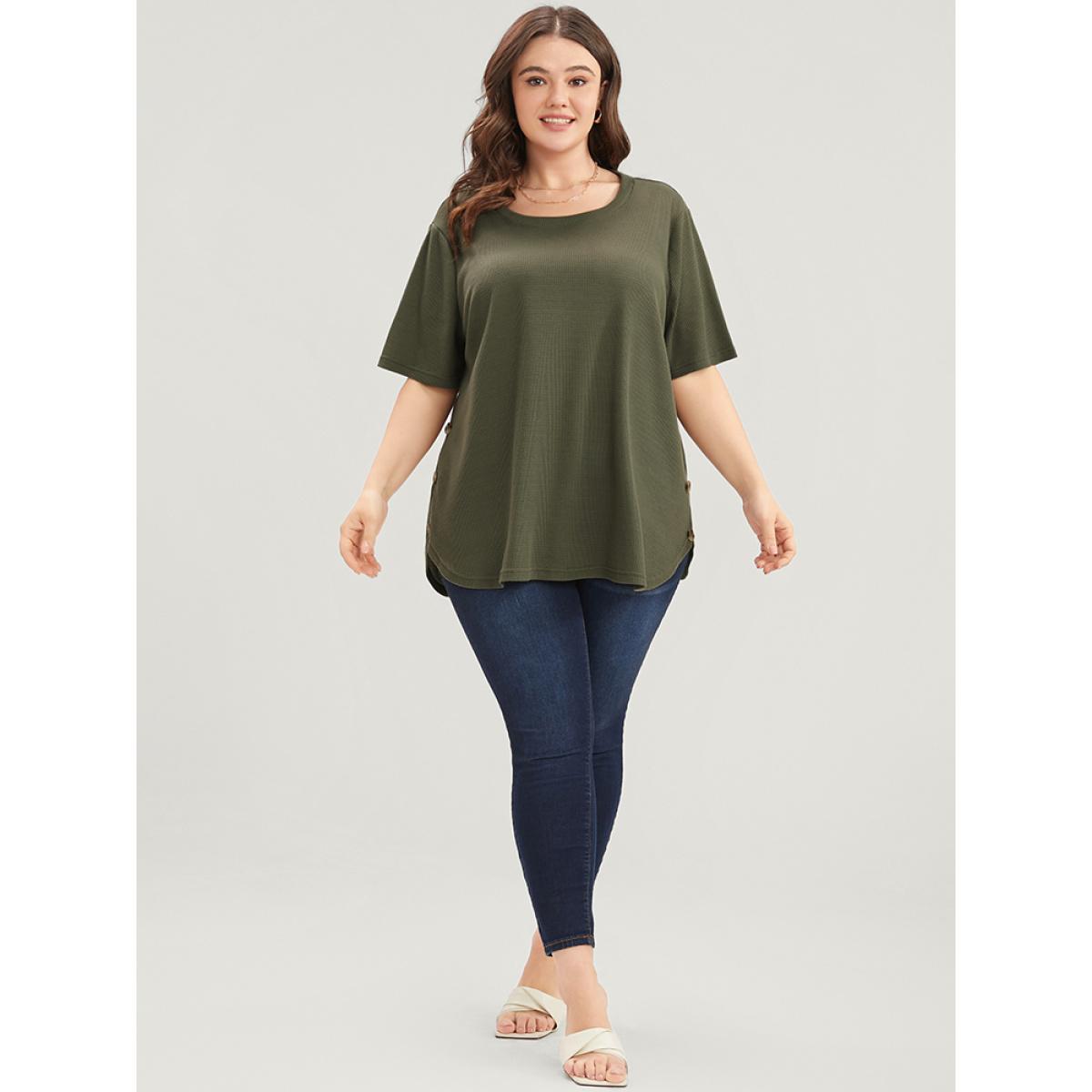 Plus Size Plain Round Neck Button Detail Waffle Knit Tee ArmyGreen Women Casual Button Plain Round Neck Dailywear T-shirts BloomChic 30/6X Product Image