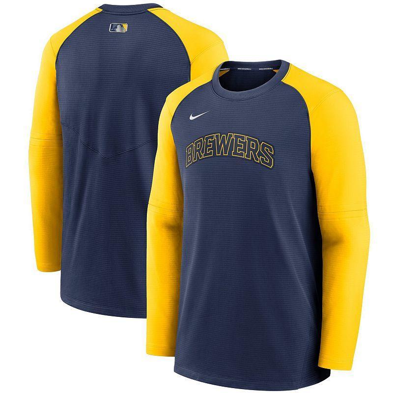 NIKE Men's  Navy, Gold Milwaukee Brewers Authentic Collection Pregame Performance Raglan Pullover Swe In Navy,gold Product Image