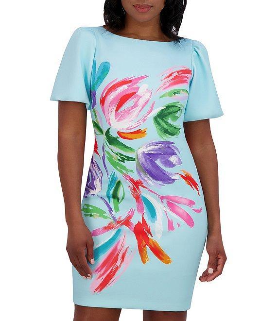 Jessica Howard Short Puffed Sleeve Floral Scuba Sheath Dress Product Image