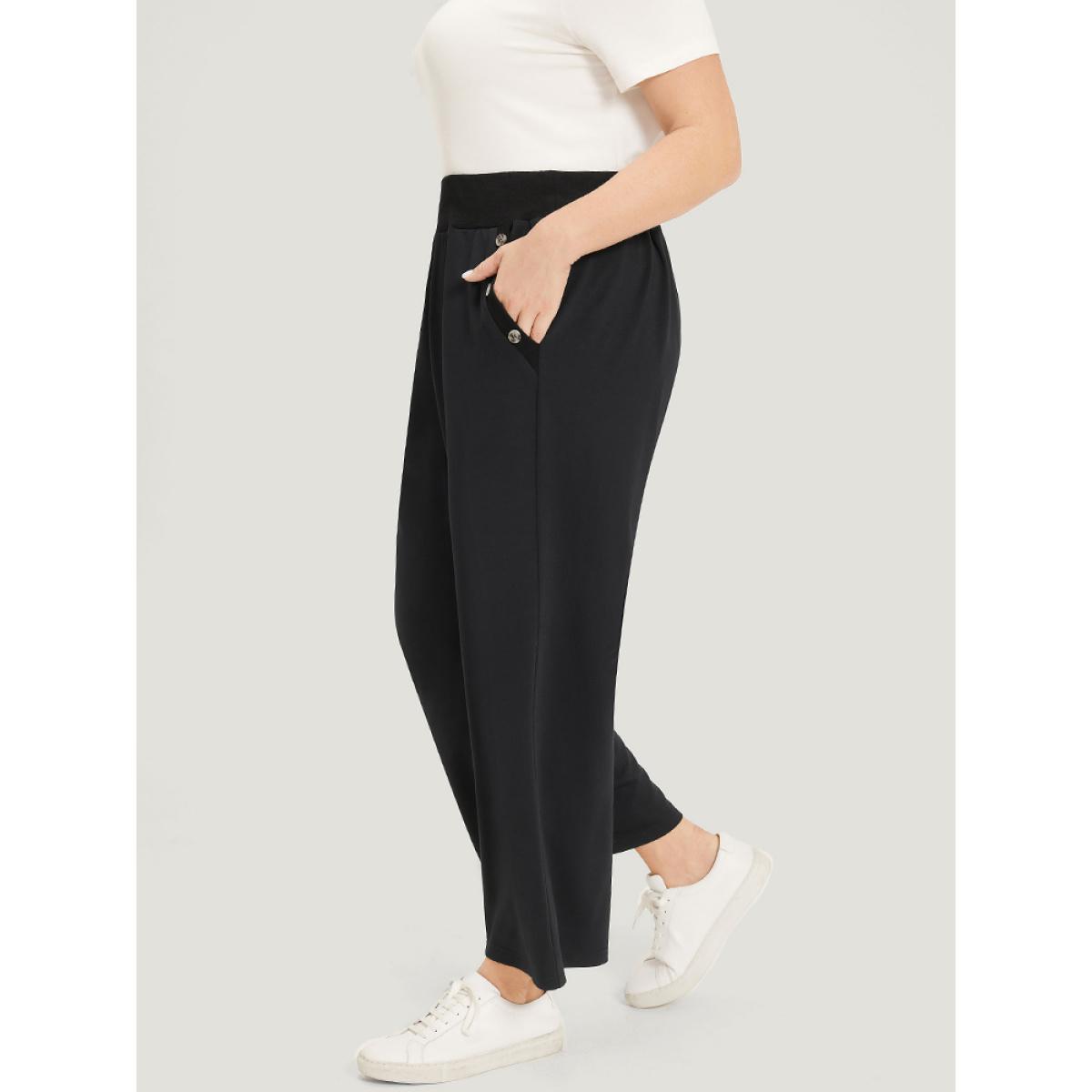 Plain Pocket Button Detail High Rise Sweatpants Black Plus Size Women Casual Dailywear Plain 14-16/1X Bloomchic Product Image