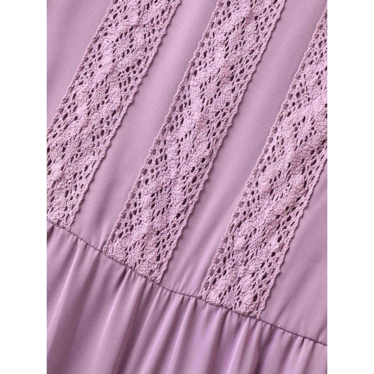 Plus Size Lace Trim Pockets Stretchy Waist Tiered Dress Heather Women Elegant Tucked seam Square Neck Short sleeve Curvy BloomChic 10/M Product Image
