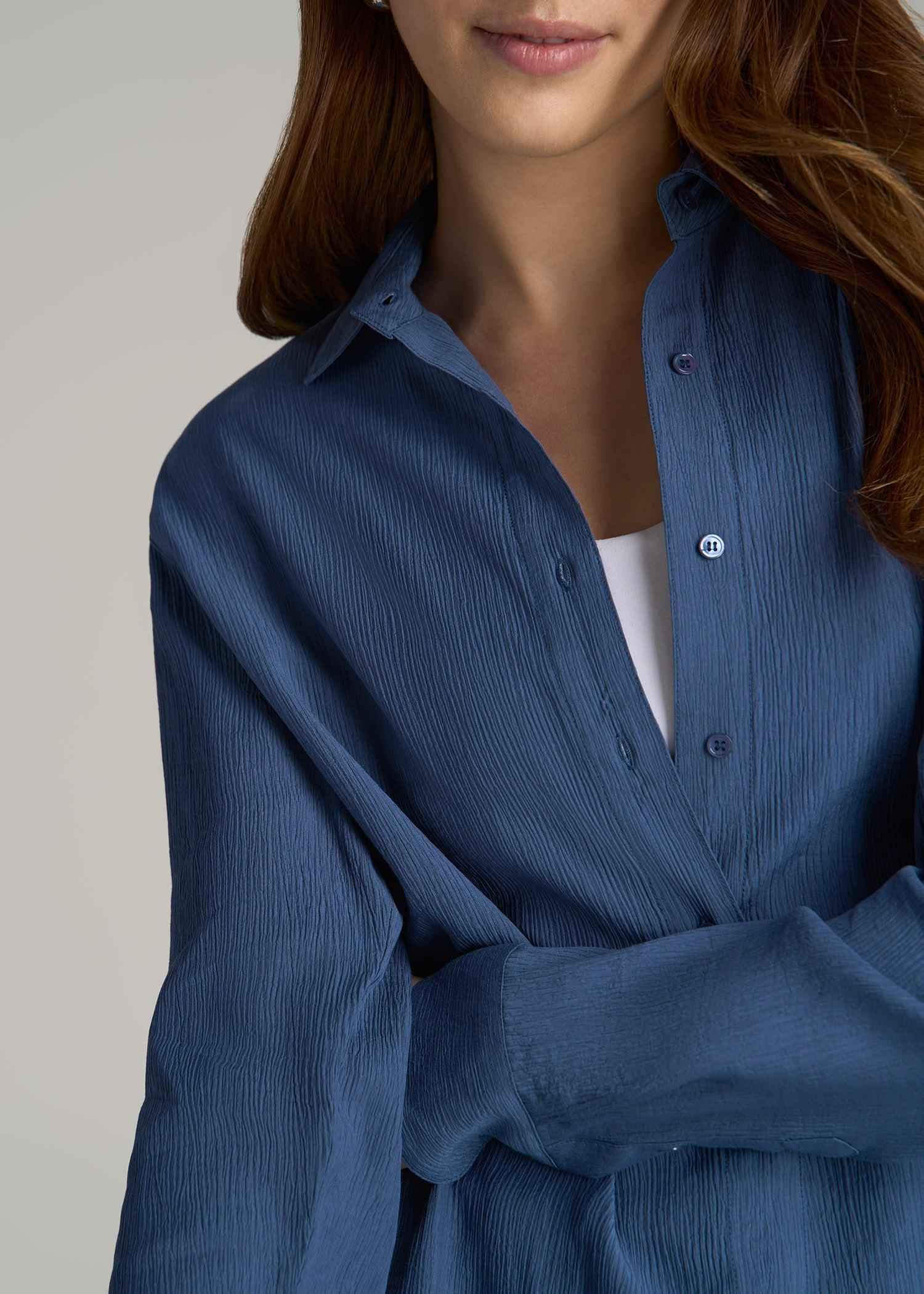 Long Sleeve Crinkle Tall Women's Blouse in Steel Blue Product Image