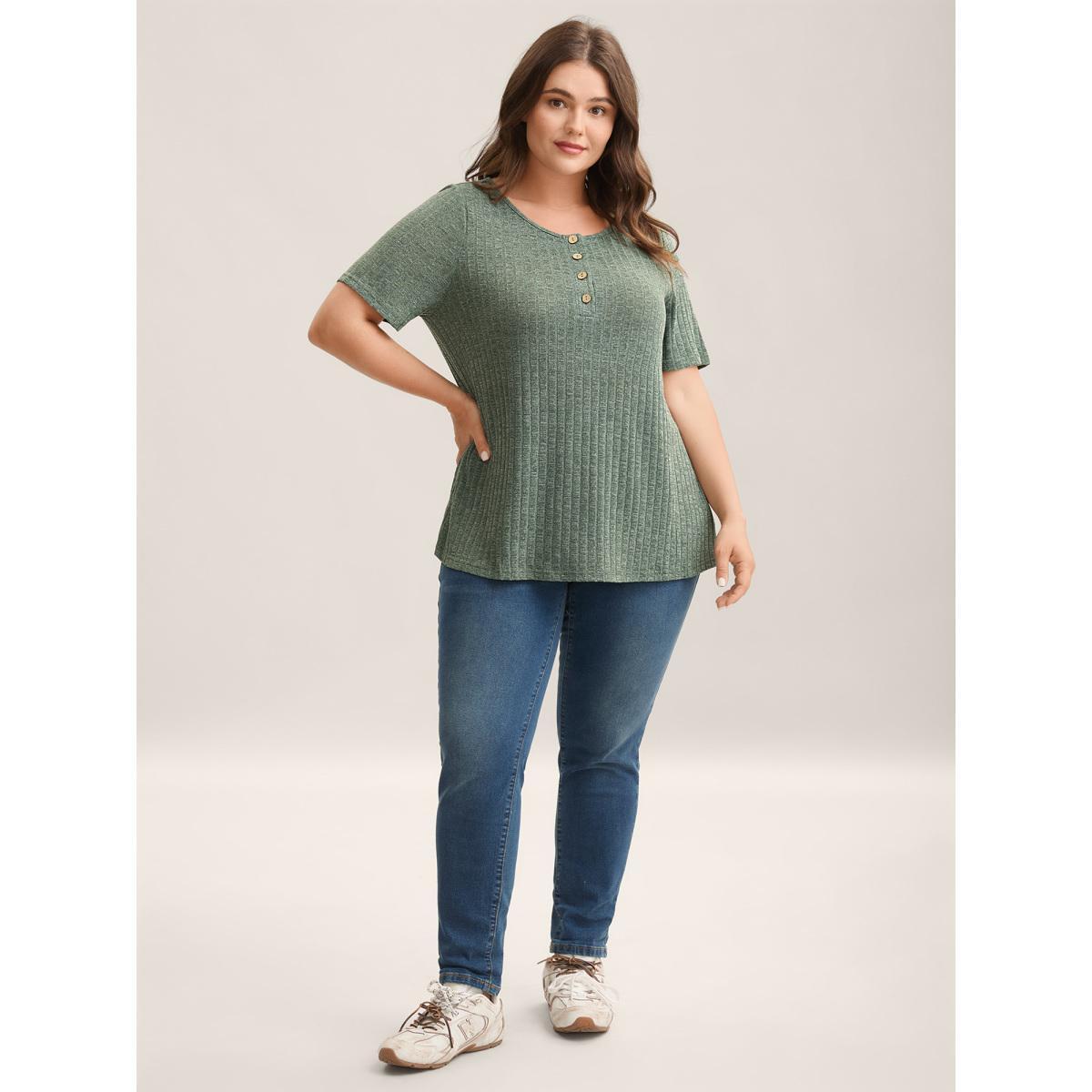 Plus Size Stretchy Textured Button Half Sleeve T-Shirt Sage Women Elegant Texture Round Neck Everyday T-shirts BloomChic 18-20/2X Product Image