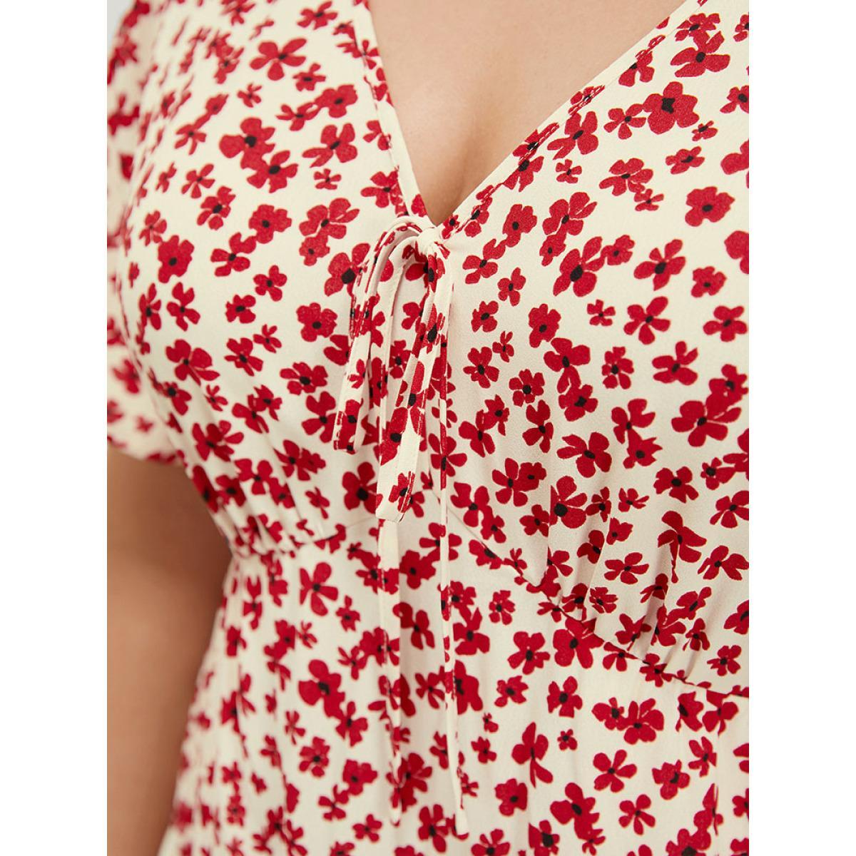 Plus Size Ditsy Floral Knot Front Pocket Ruffle Hem Dress Red Women Elegant Knotted V-neck Short sleeve Curvy Midi Dress BloomChic 26/4X Product Image