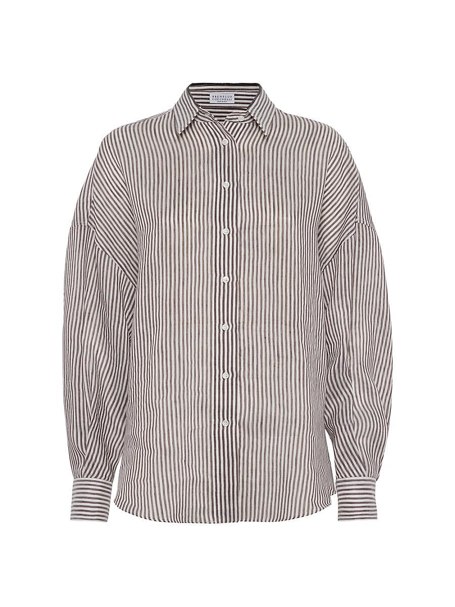 Womens Striped Linen and Silk Organza Shirt with Shiny Collar Detail Product Image