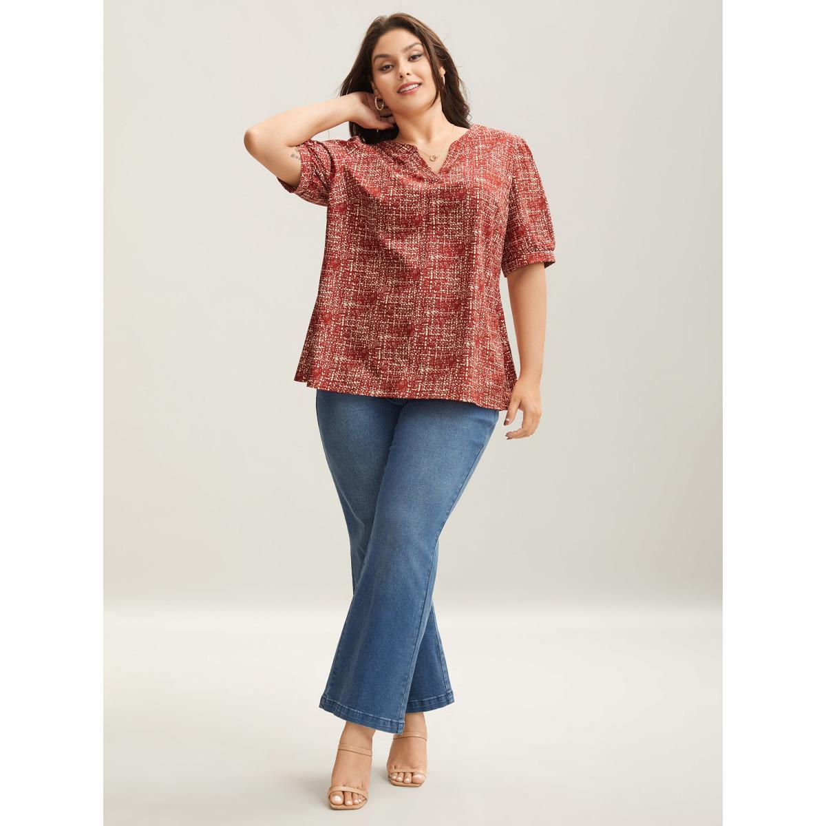 Plus Size Scarlet Geometric Print Puff Sleeve Blouse Women Elegant Short sleeve Flat collar with V-notch Everyday Blouses BloomChic 18-20/2X Product Image