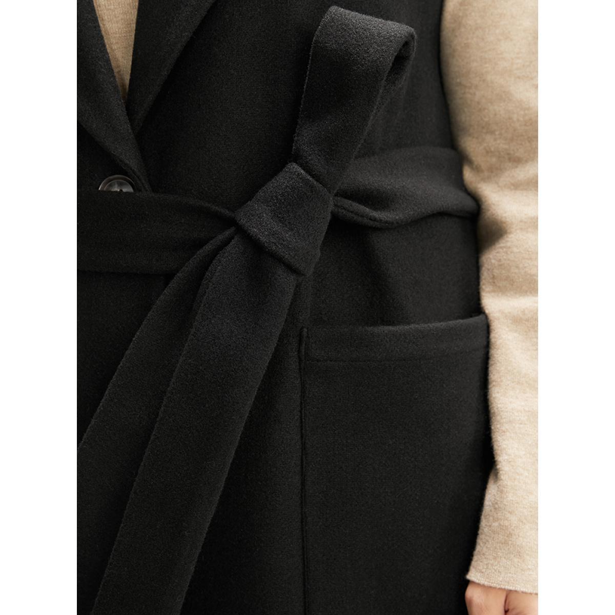 Plus Size Solid Suit Collar Pocket Belted Sleeveless Coat Women Black Office Cross straps Ladies Work Winter Coats BloomChic 12/L Product Image