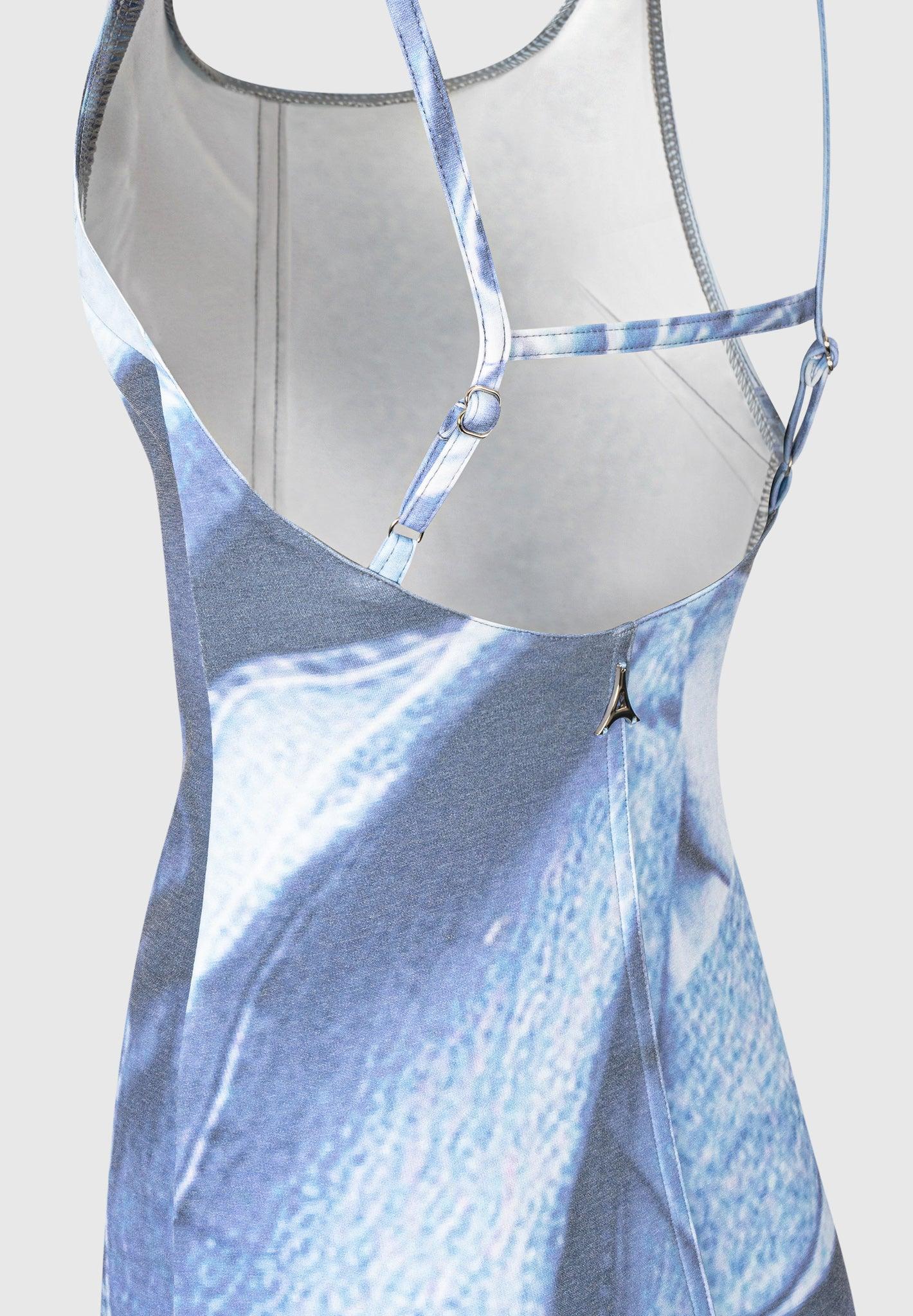 Printed Denim Effect Maxi Dress - Blue Female Product Image