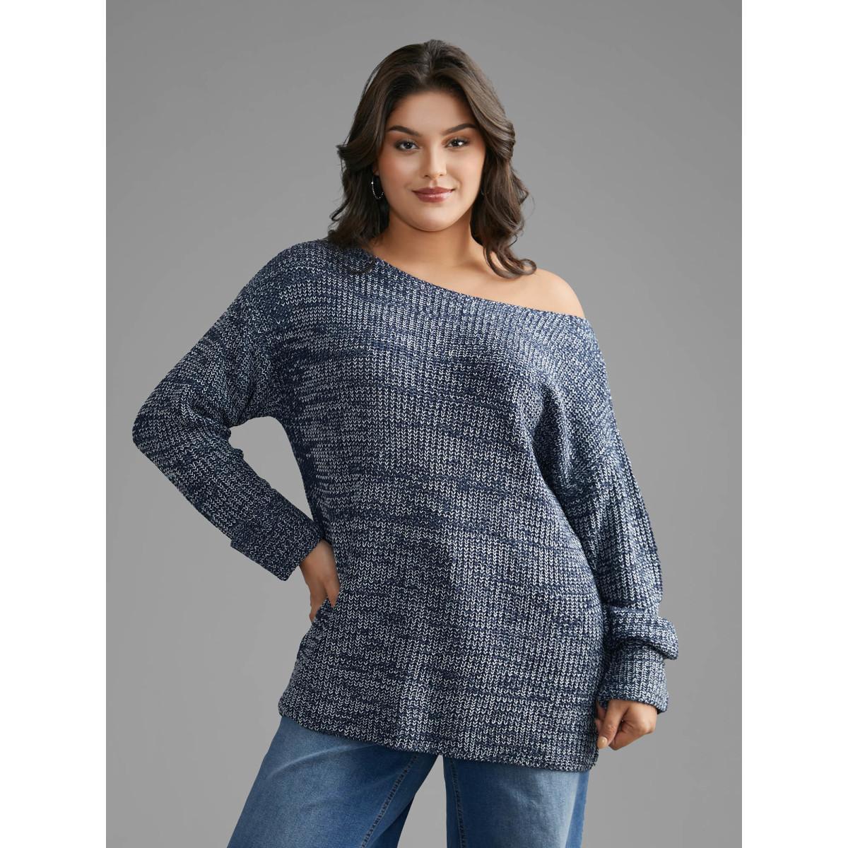 Plus Size Heather Boat Neck Drop Shoulder Sleeve Pullover Indigo Women Casual Loose Extra Long Sleeve Boat Neck Everyday Pullovers BloomChic 28/5X Product Image