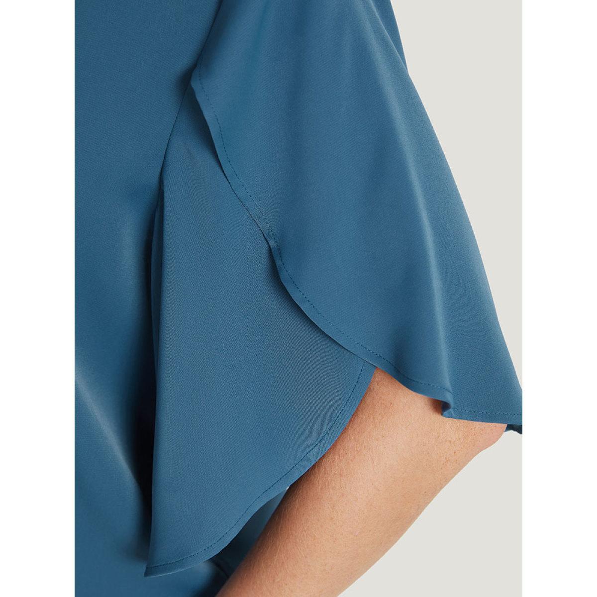 Plus Size Cerulean Solid Half Zipper Split Petal Sleeve Blouse Women Office Half Sleeve V-neck Work Blouses BloomChic 30/6X Product Image