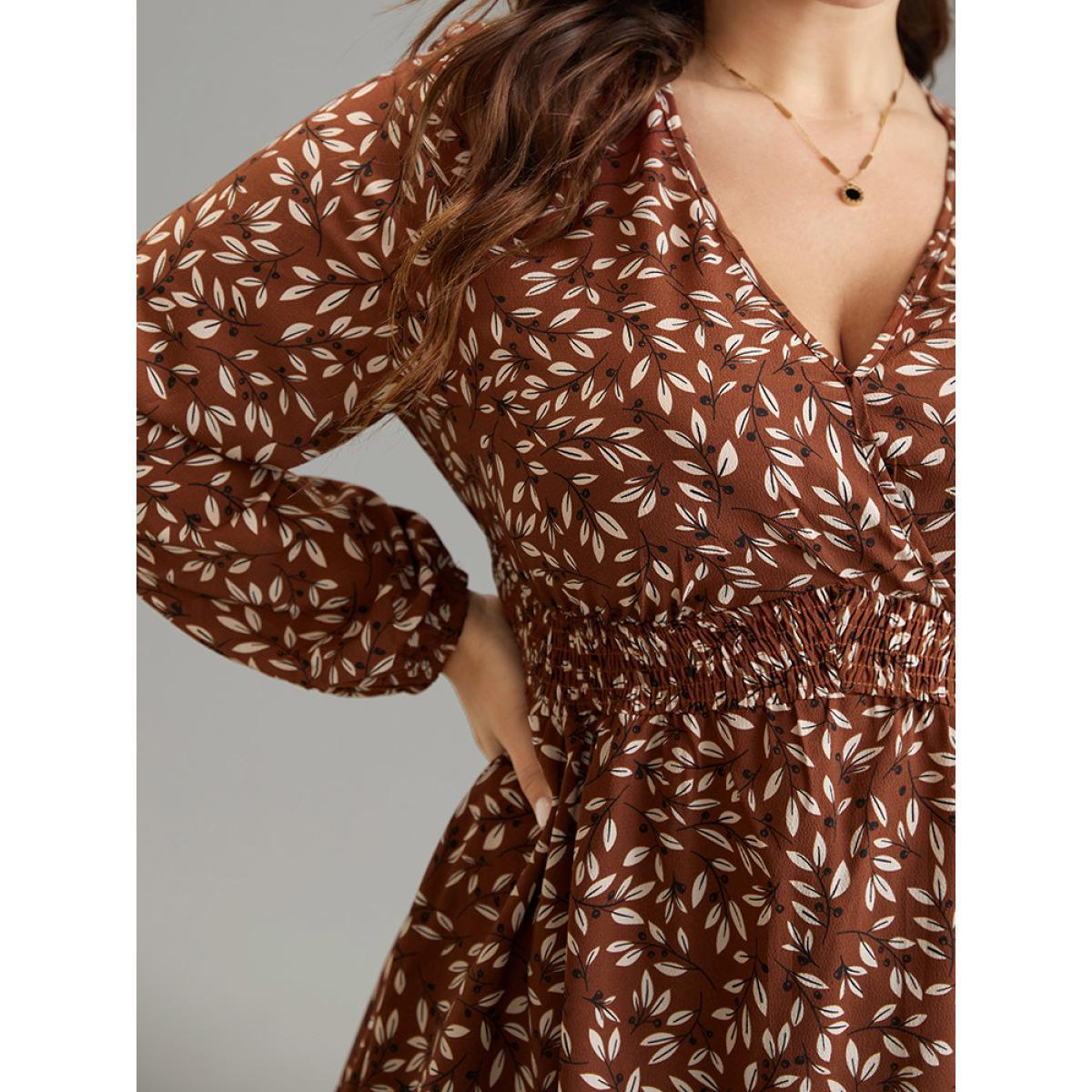Plus Size Russet Ditsy Floral Shirred Elastic Waist High Low Hem Blouse Women Elegant Long Sleeve V-neck Everyday Blouses BloomChic 10/M Product Image