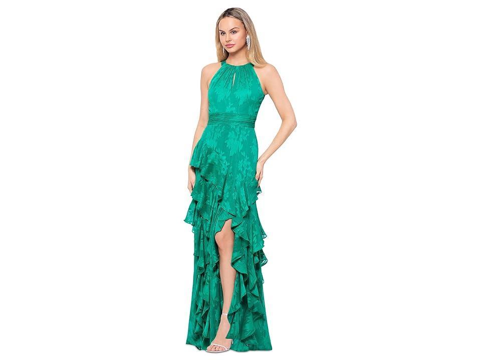 XSCAPE Long Chiffon Tiered Ruffle Dress (Emerald) Women's Dress Product Image