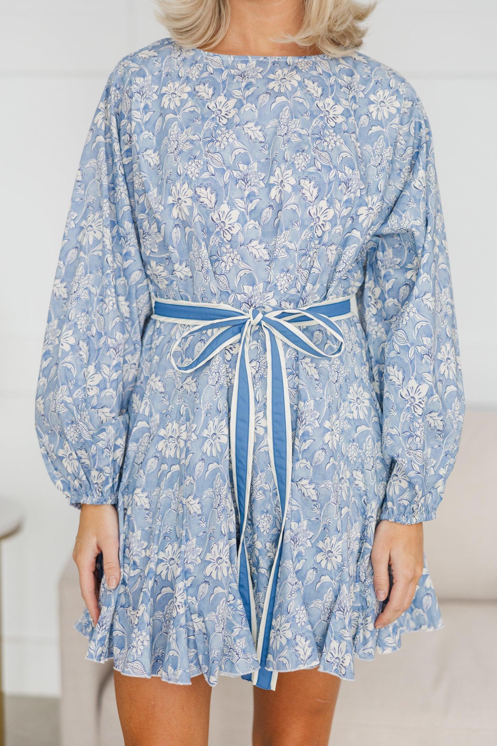 Stay Close Blue Floral Toile Tied Waist Dress Female Product Image