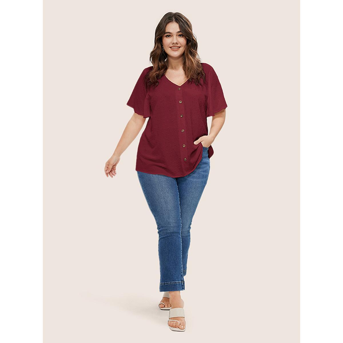 Button Front Plus Size Women Dailywear Plain Casual Blouses Loose Ruffle Sleeve Short Sleeve V Neck Going Out Blouses BloomChic Product Image