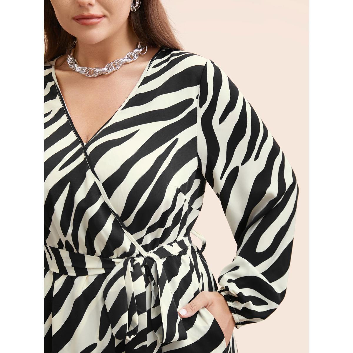 Plus Size Zebra Print Overlap Collar Split Hem Dress Black Women At the Office Belted Overlap Collar Long Sleeve Curvy BloomChic 14-16/1X Product Image