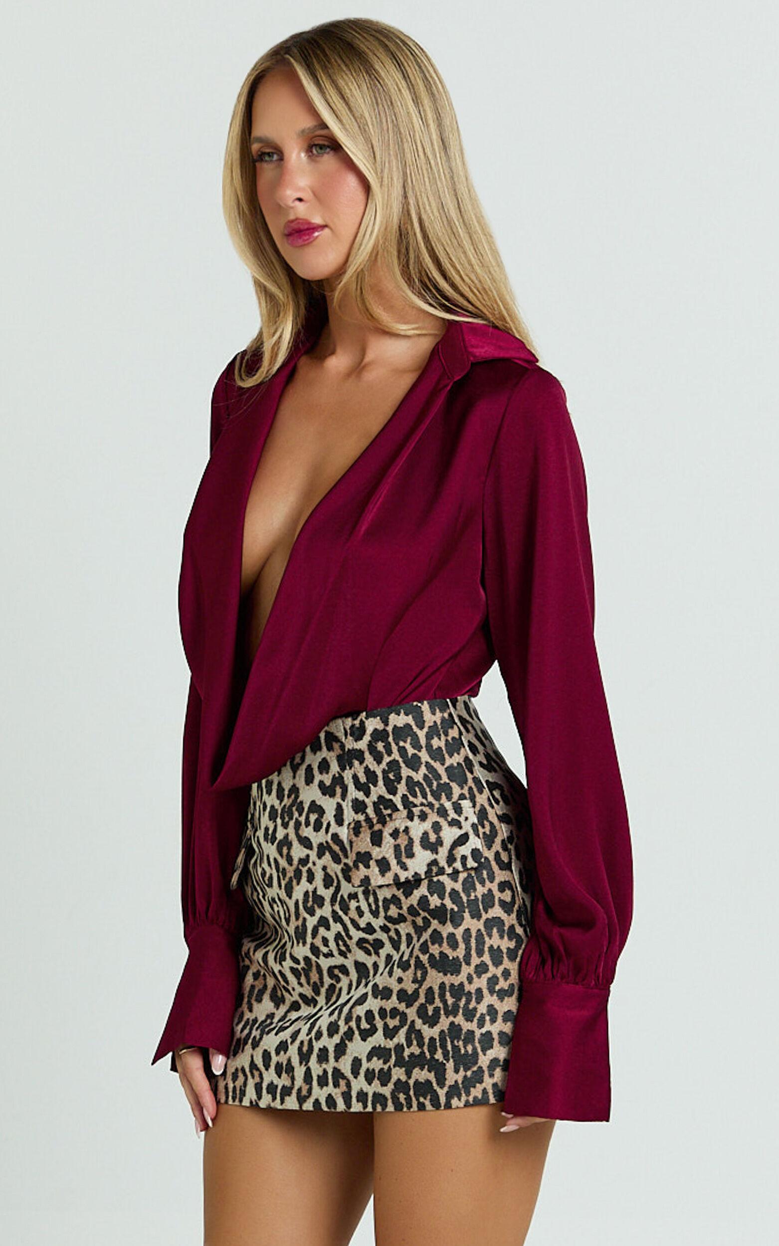 Zephyr Bodysuit - Plunge Neck Cowl Bodysuit in Wine Product Image