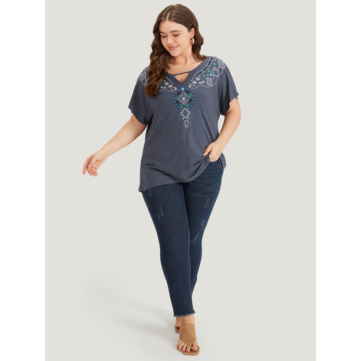 Plus Size Floral Embroidered Keyhole Dolman Sleeve T-shirt Blue Women Elegant Cut-Out Bohemian Print Keyhole Cut-Out Dailywear T-shirts BloomChic 14-16/1X Product Image