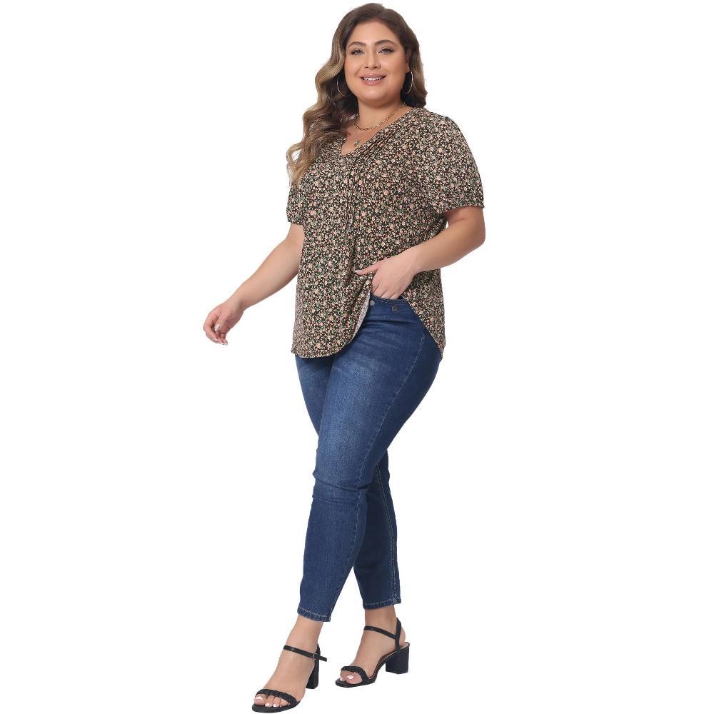 Agnes Orinda Women's Plus Size Pleated Front V Neck Short Sleeve Retro Floral Blouses Product Image