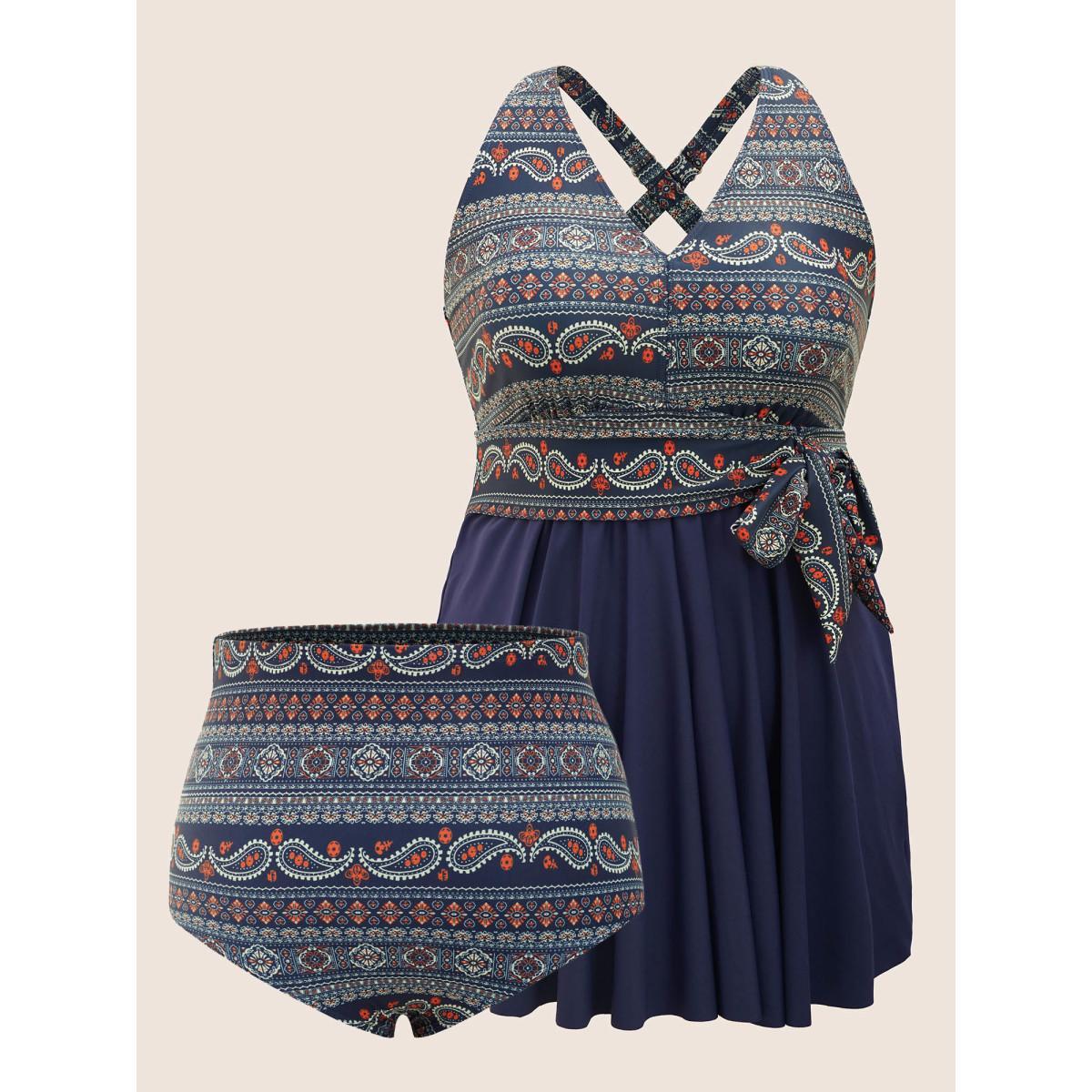 Plus Size Bandana Print Ties Knotted Patchwork Swim Dress Women's Swimwear Indigo Beach Bodycon Deep V-neck High stretch Curve Swim Dresses BloomChic 28/5X Product Image