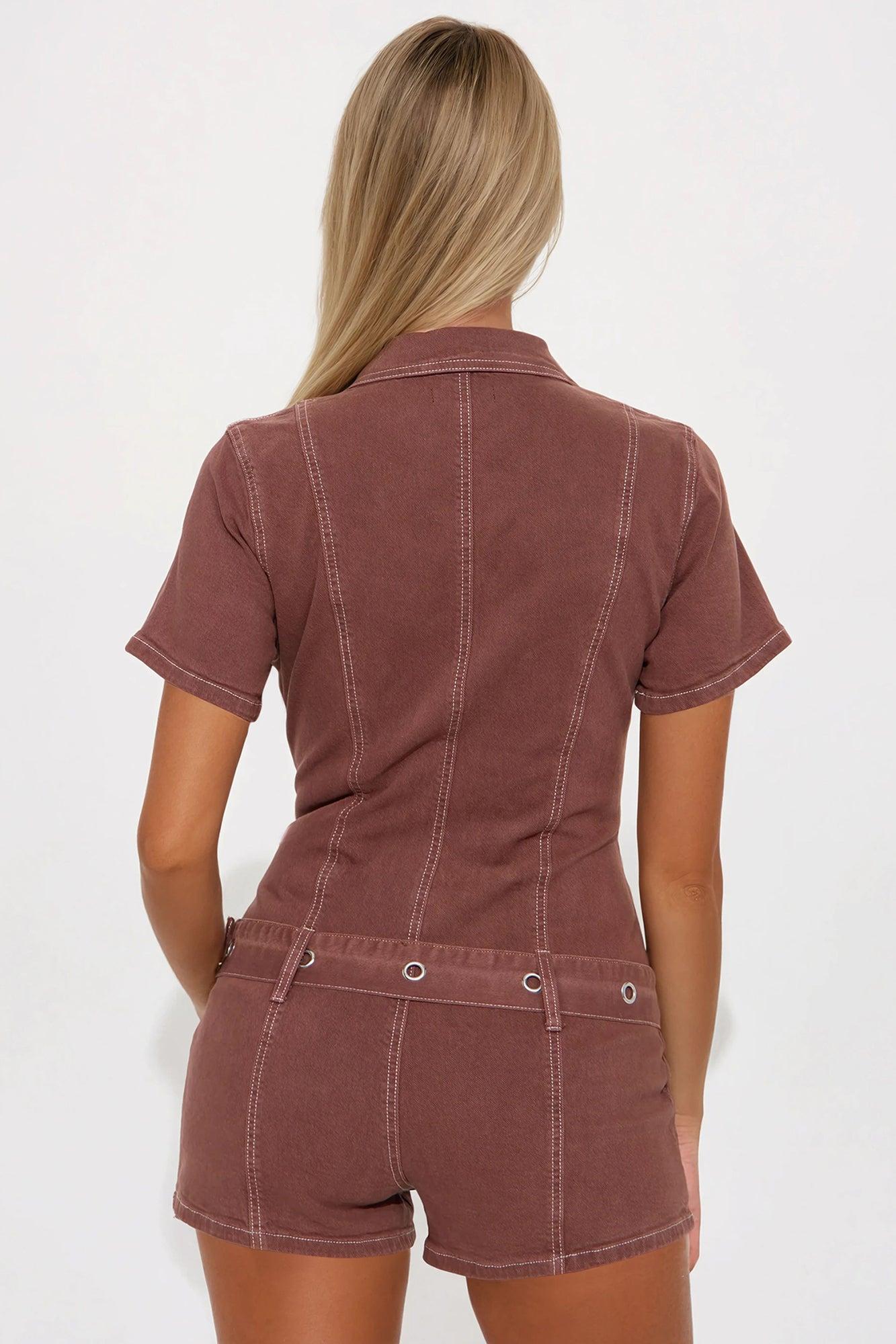 Baddie Attitude Denim Romper - Chocolate Product Image