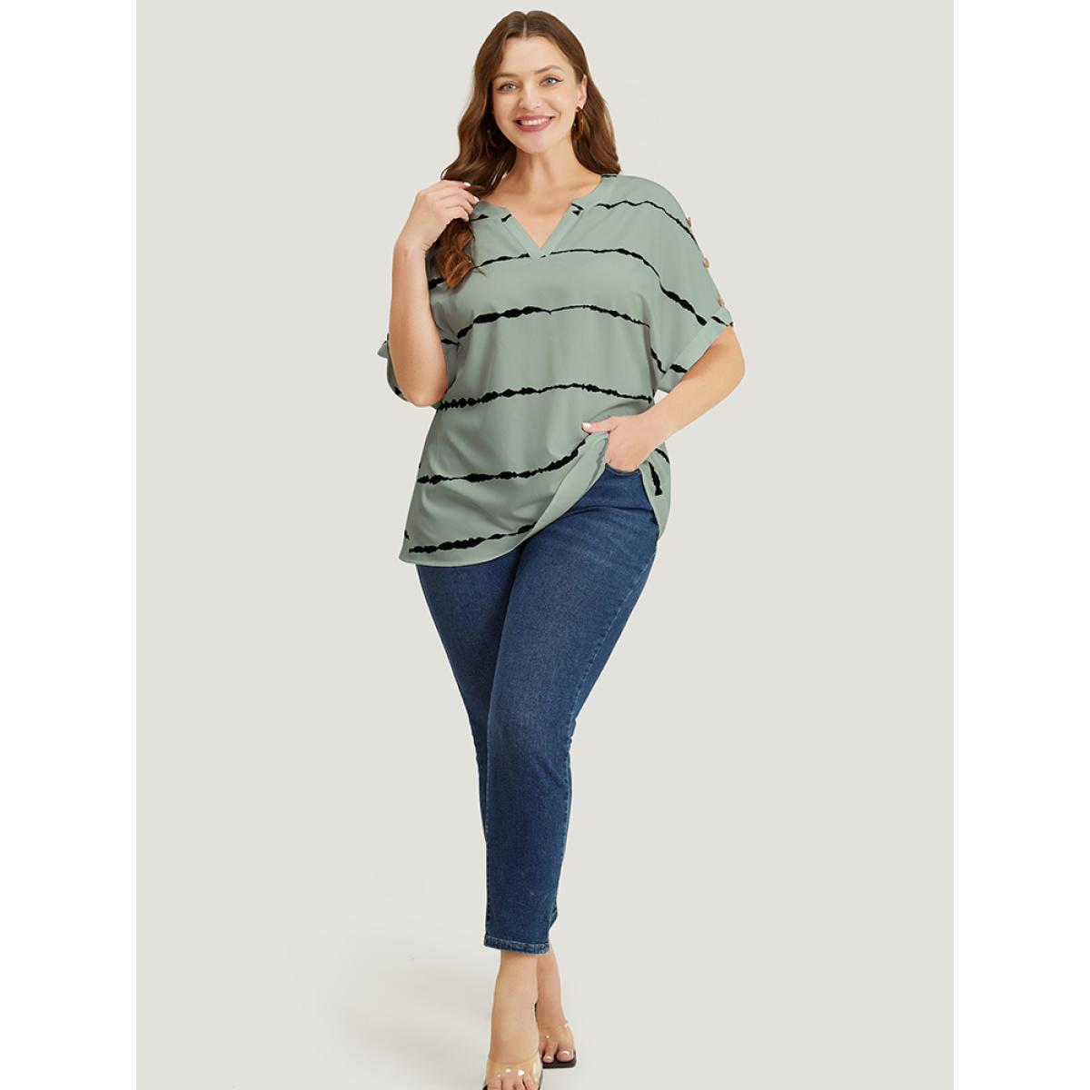 Plus Size Mint Tie Dye Notched Button Detail Roll Dolman Sleeve Striped Blouse Women Work From Home Short sleeve Notched collar Work Blouses BloomChic 12/L Product Image