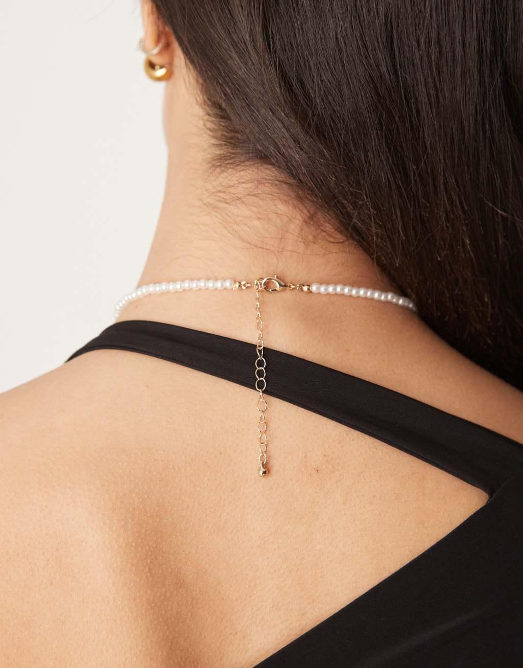 ASOS DESIGN necklace with faux pearl and molten pendant in gold tone Product Image