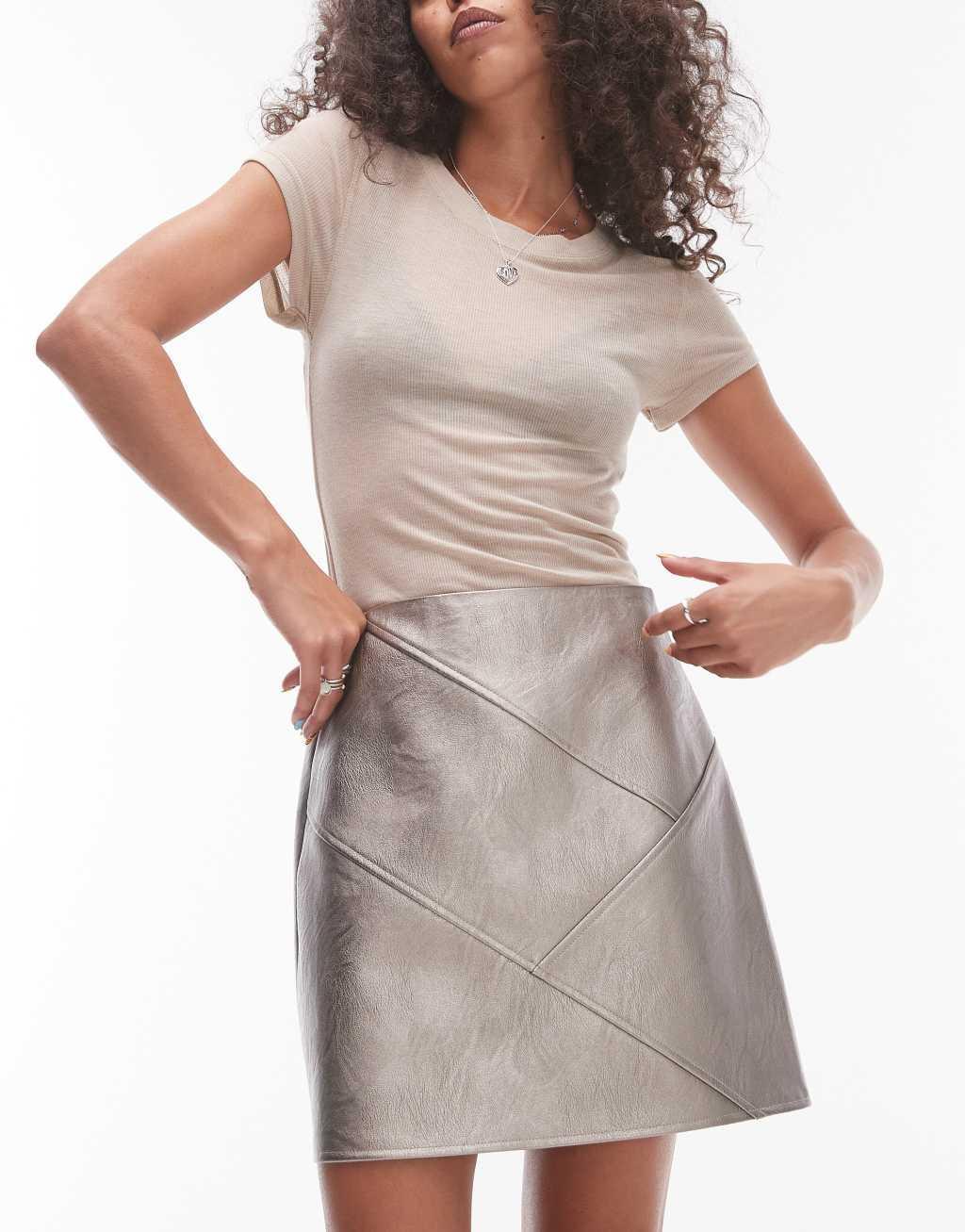 Topshop faux leather paneled seam pelmet skirt in metallic gunmetal Product Image