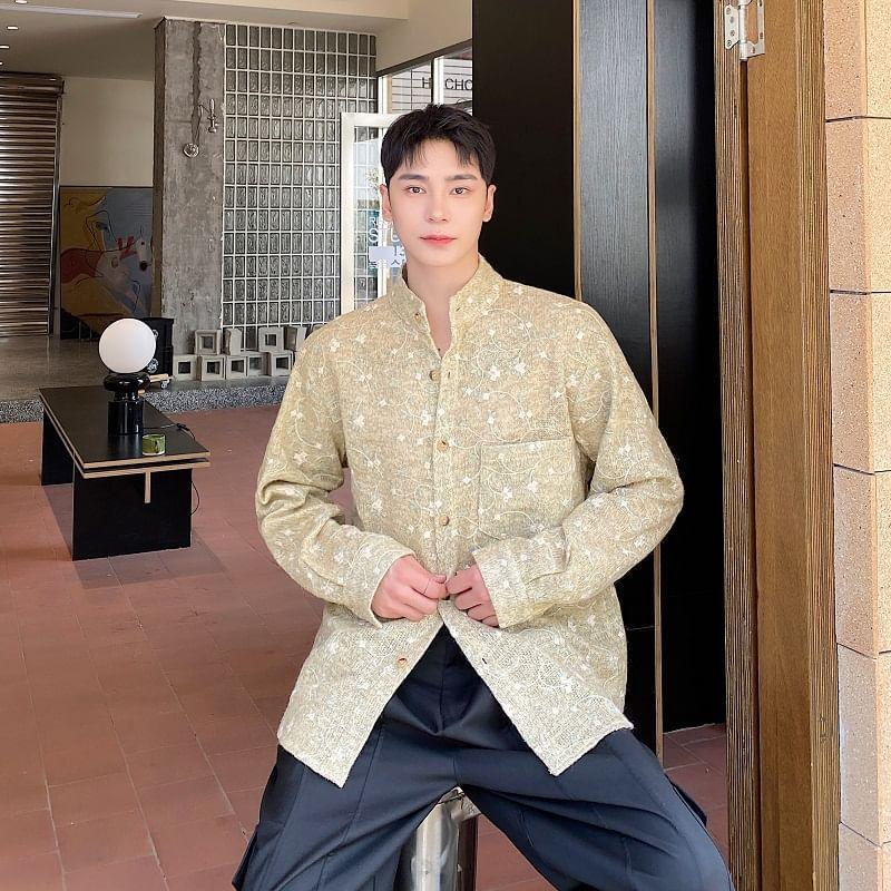 Long-Sleeve Stand Collar Embroidered Shirt Product Image