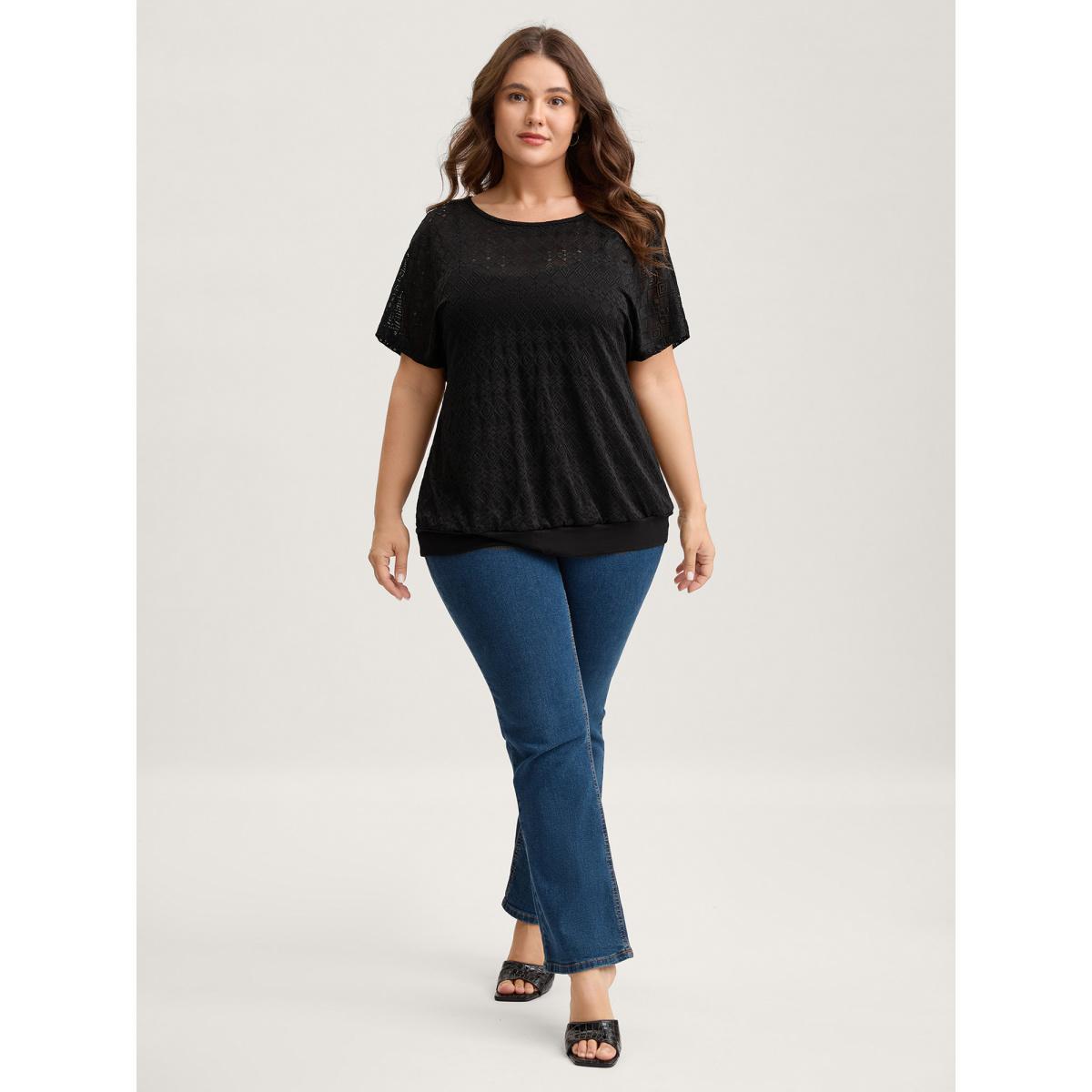 Plus Size Geometric Lace Back Cut-Out T-Shirt Black Women Round Neck Everyday-Elegant T-shirts BloomChic 12/L Product Image